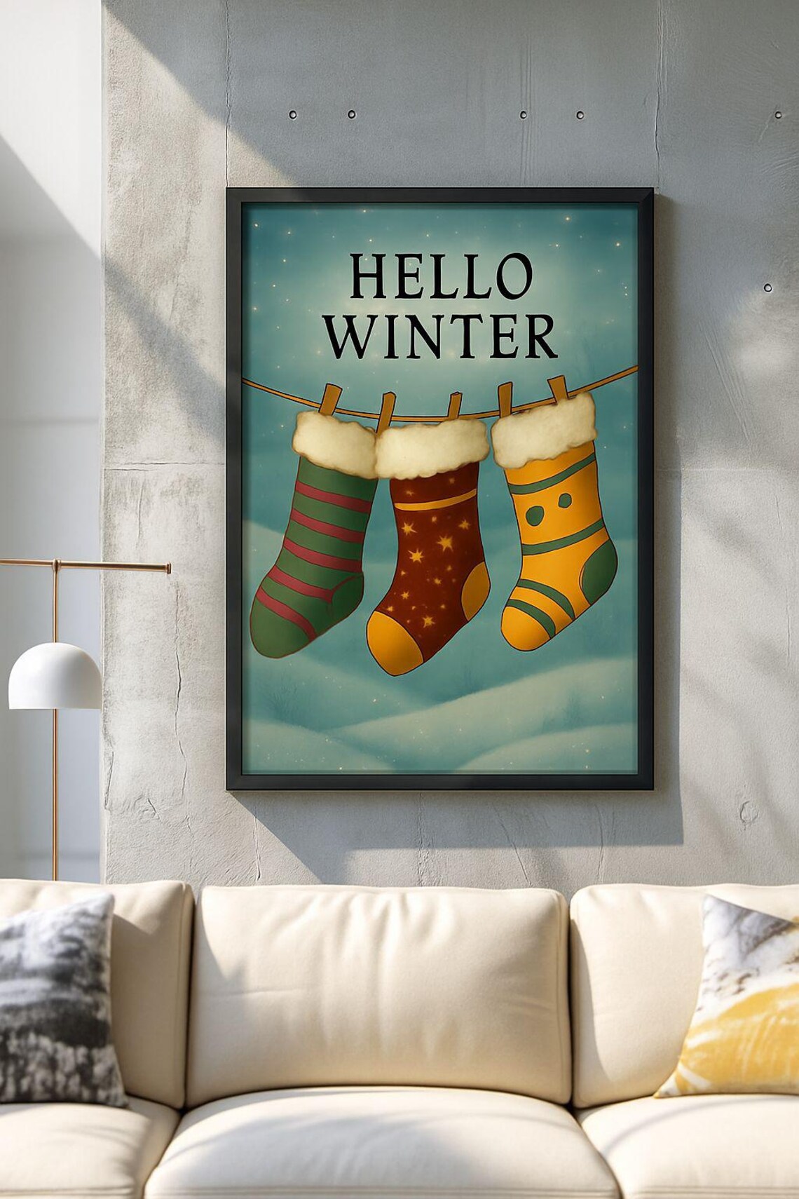 Hello Winter Christmas Stockings On A Clothesline Poster With Snow