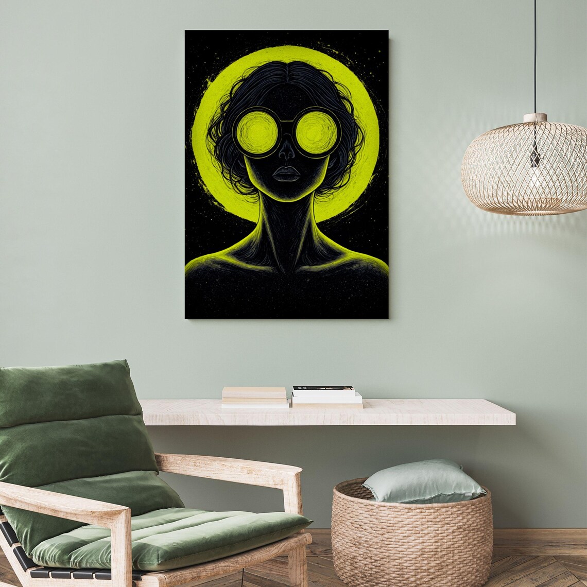 Surreal Steampunk Female Portrait Neon Yellow Halo Round Goggles Print - Image 3