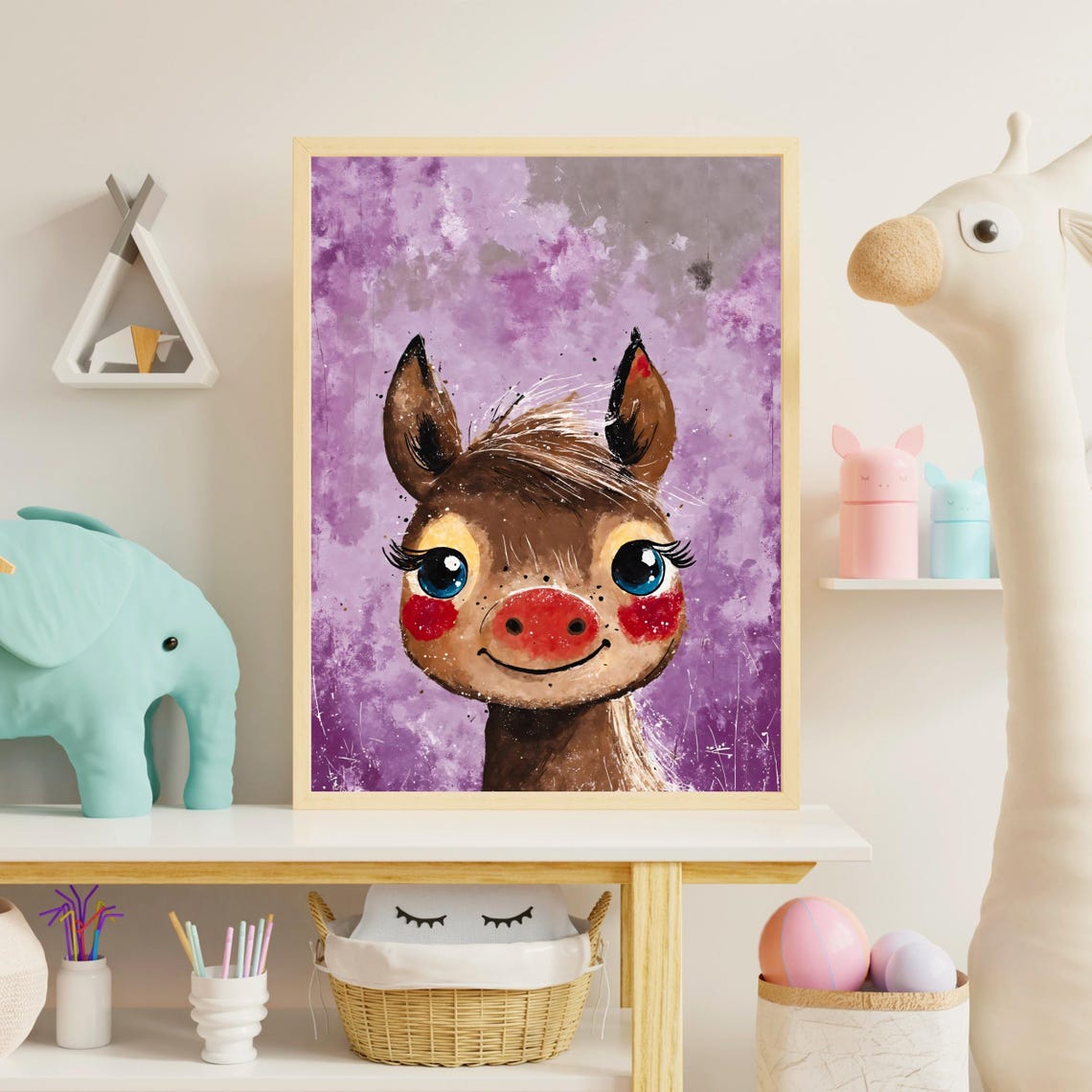 Cute Pony Painting Art Print Blushing Baby Horse Portrait Farm Animal Art Kids Room Decor Nursery Wall Art Horse Lover Gift 8x10 24x36