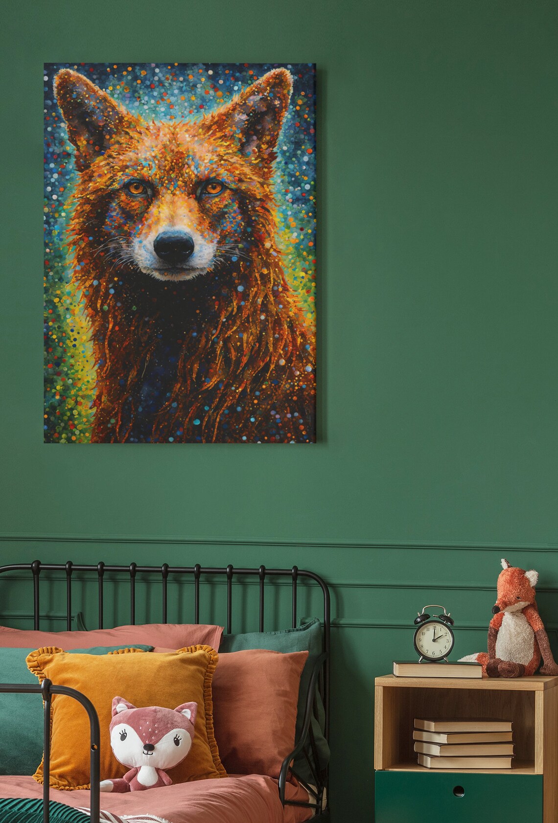 Red Fox Front Portrait Teal Background Pointillism Wildlife Wall Poster - Image 4