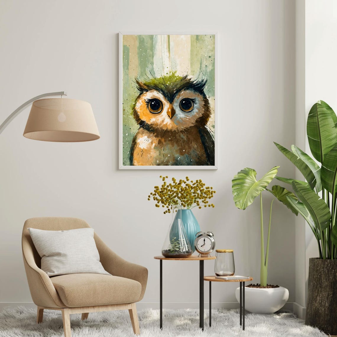 Cute Baby Owl Art Print Big Eyed Owl Portrait Night Bird Wall Art Kids Room Decor Nursery Art Green Owl Lover Gift 8x10 24x36 Sizes - Image 2