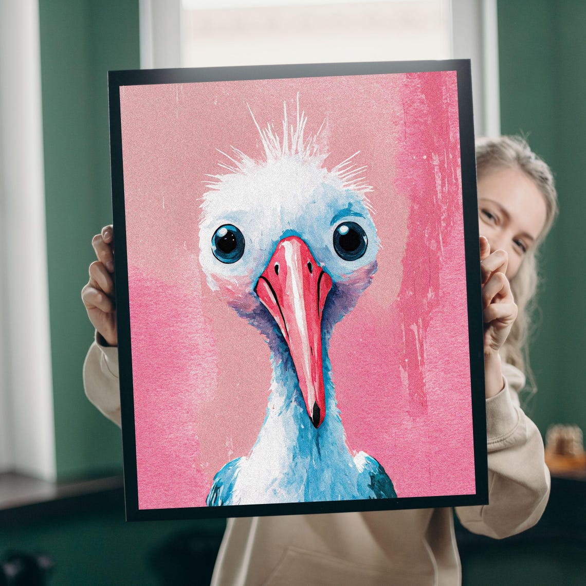 Quirky Blue Stork Pink Background Bird Portrait Nursery Wall Art - Image 7