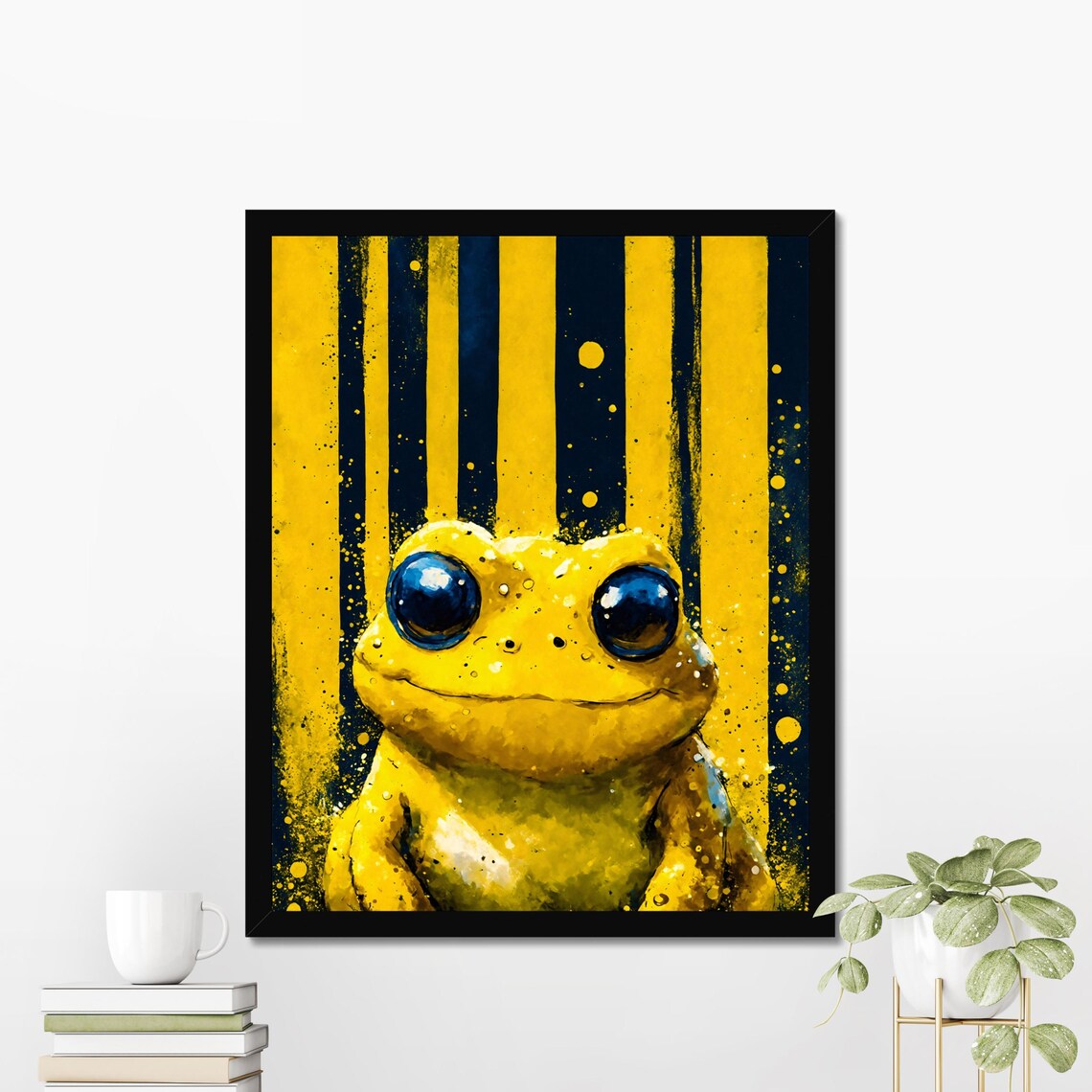 Golden Yellow Frog Big Eyes Portrait Bold Striped Background Poster