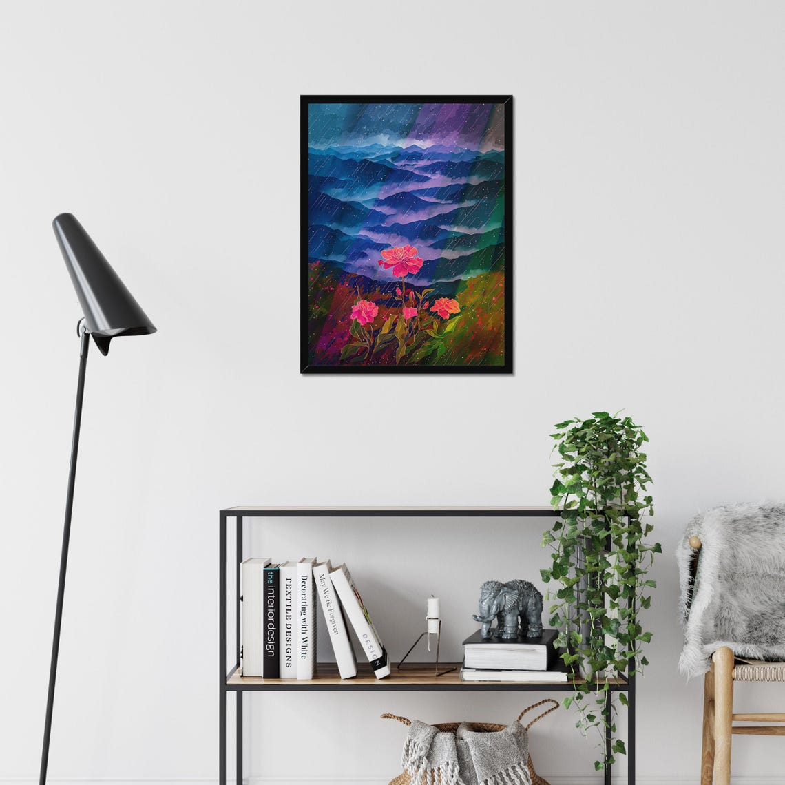 Pink Peonies Blooming in Rain Over Misty Purple Mountains Wall Art - Image 2
