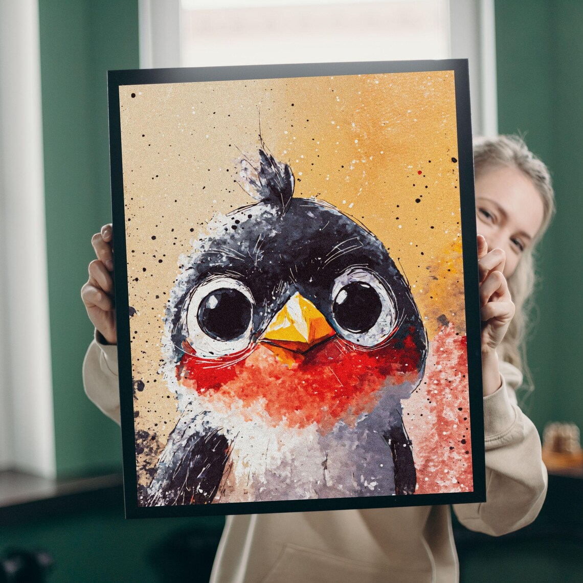 Penguin Watercolor Bird Portrait, Nursery Decor