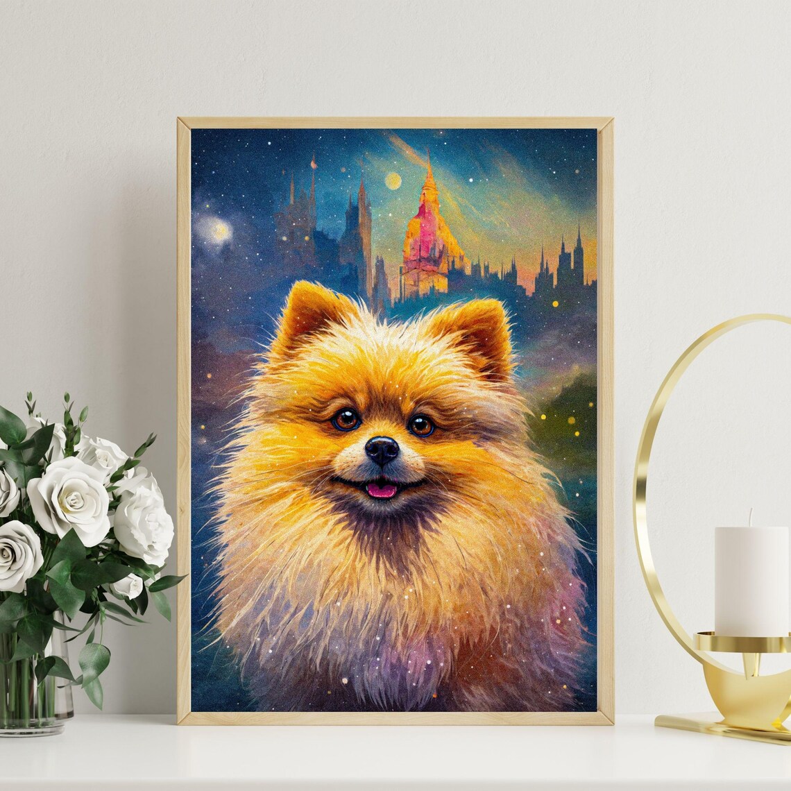 Smiling Pomeranian Fantasy Castle Starry Night Dog Portrait Poster - Image 4