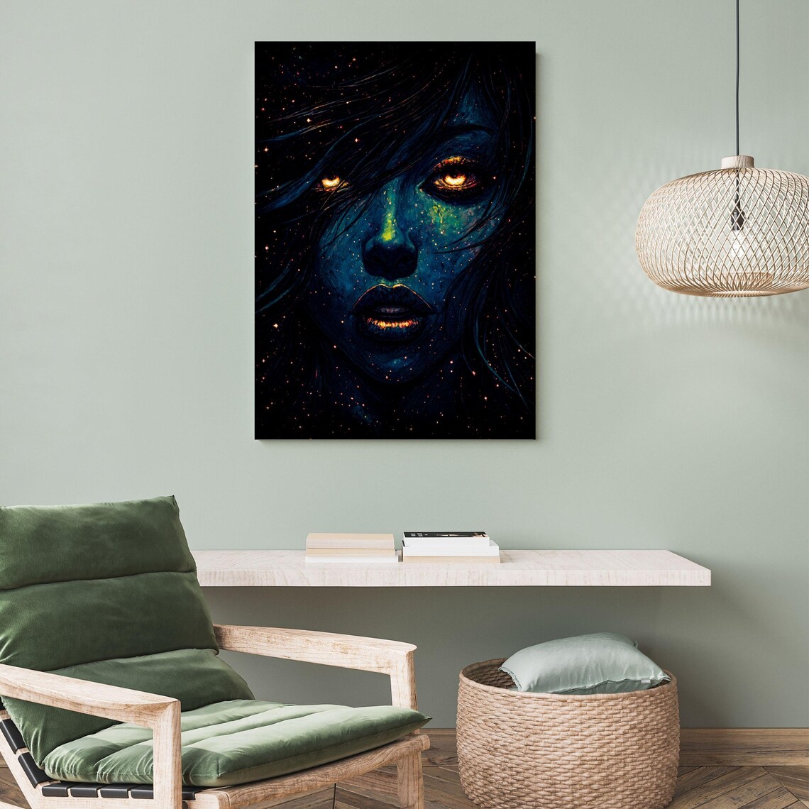 Celestial Blue Galaxy Woman Portrait With Glowing Amber Eyes Cosmic Art - Image 4