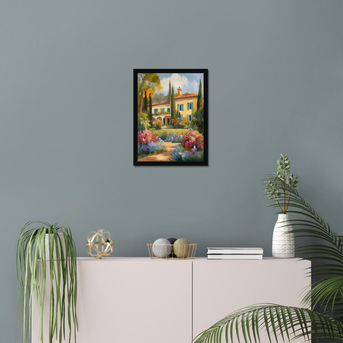 Mediterranean Villa Flower Garden Cypress Trees Sunny Path Art Poster - Image 2