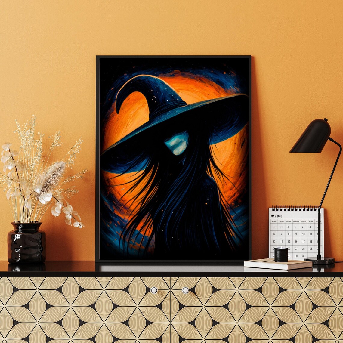 Gothic Witch Silhouette In Wide Brim Hat Against Orange Moon Fantasy Art Print - Image 3