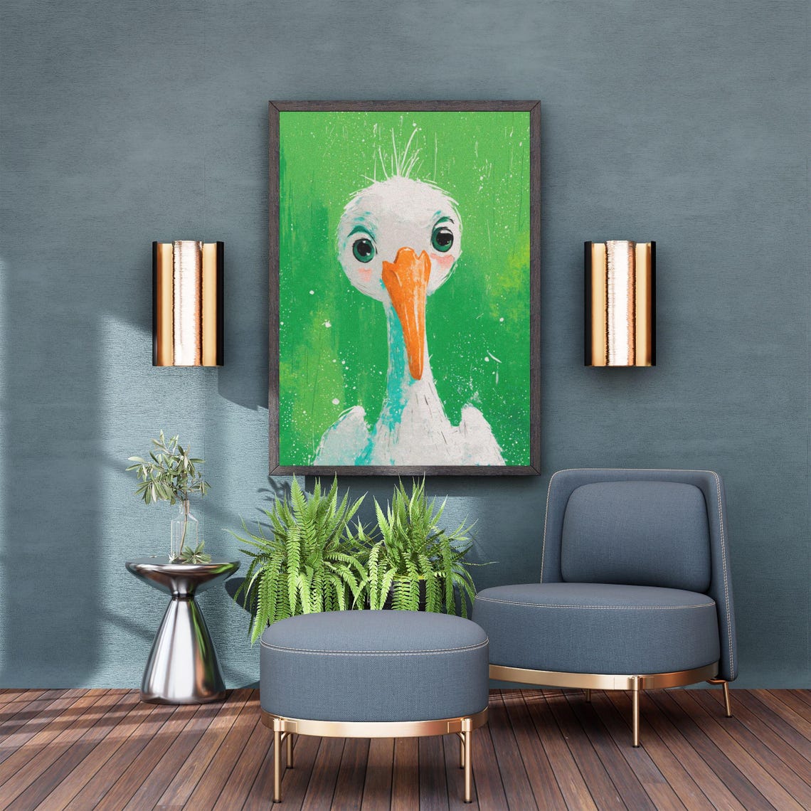 Cute White Stork Orange Beak Funny Bird Green Nursery Poster - Image 3