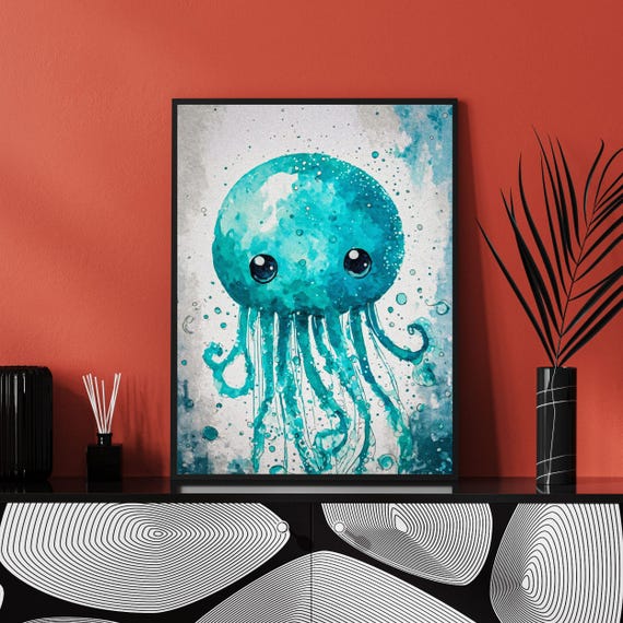 Teal Jellyfish Watercolor Art Print Textured Ocean Wall Decor Cute Coastal Illustration For Bathroom Or Nursery Framed Ocean Decor