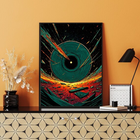 Exploding Teal Vinyl Record Shattering Retro Music Lover Gift Wall Art