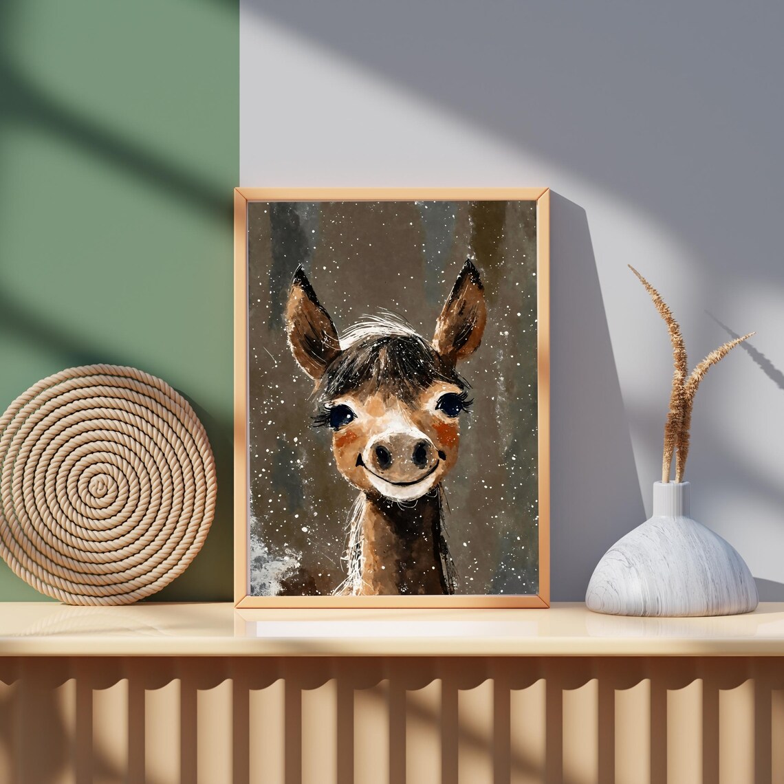 Cute Baby Llama Watercolor Portrait Starry Night Kids Room Art Print - Image 4