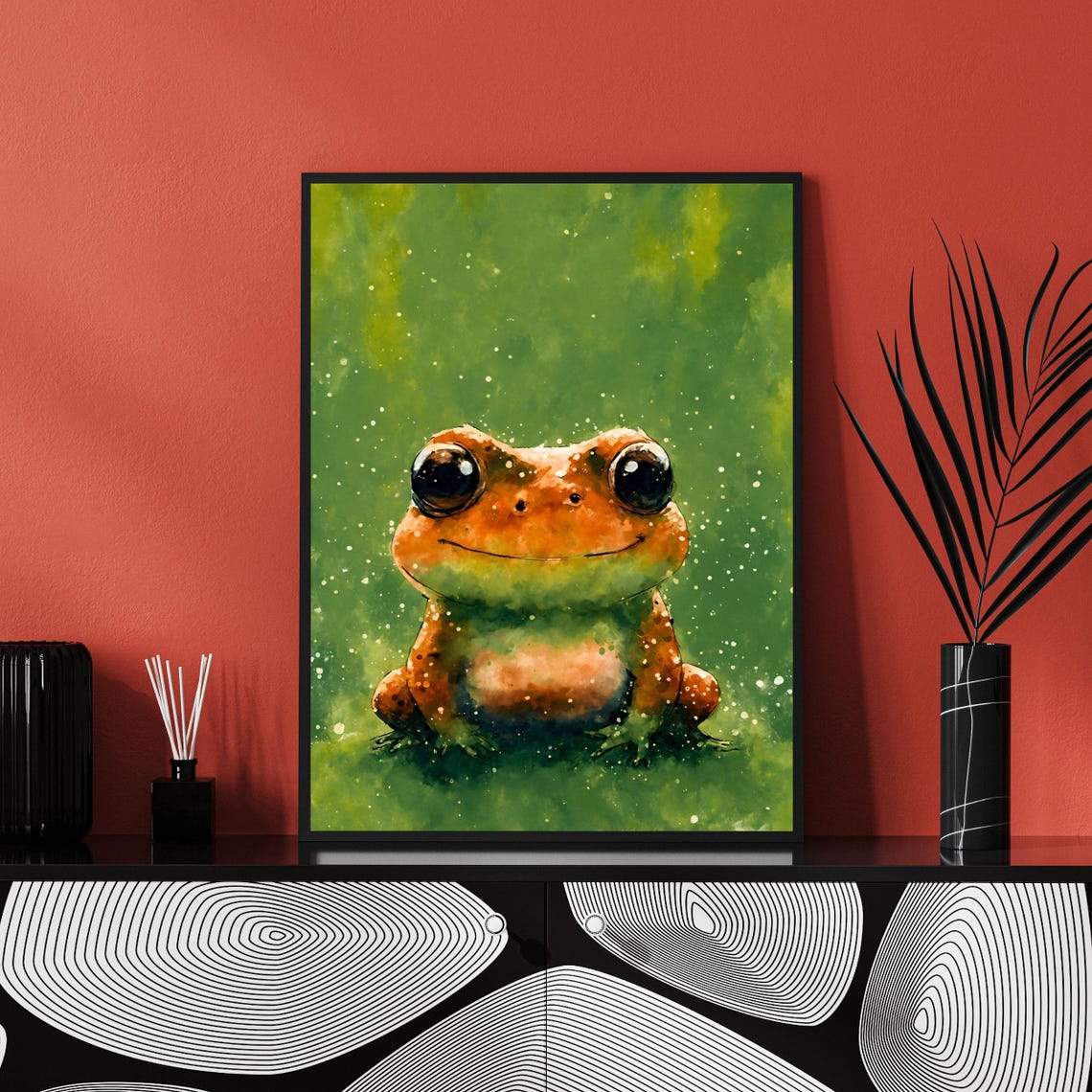 Cute Orange Frog Watercolor Portrait Big Eyed Toad Kids Room Art Print - Image 3
