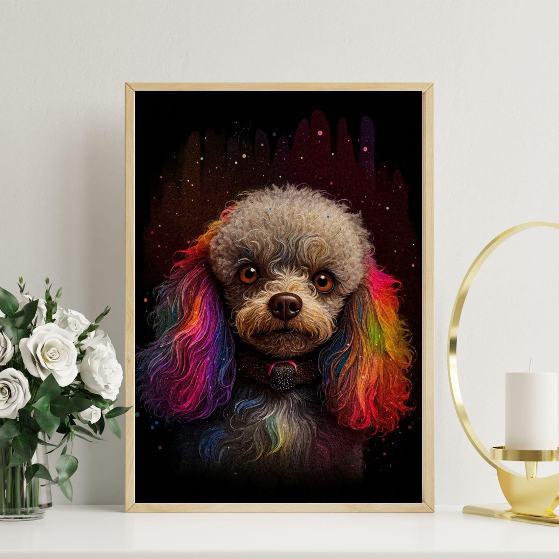 Rainbow Poodle Colorful Ears Vibrant Dog Portrait Art Poster