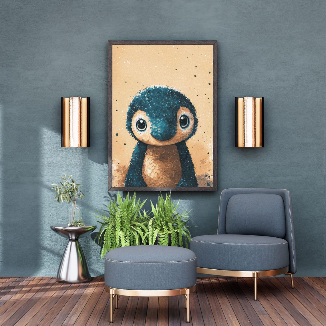 Adorable Baby Penguin Big Eyes Tan Splatter Nursery Animal Wall Art - Image 8