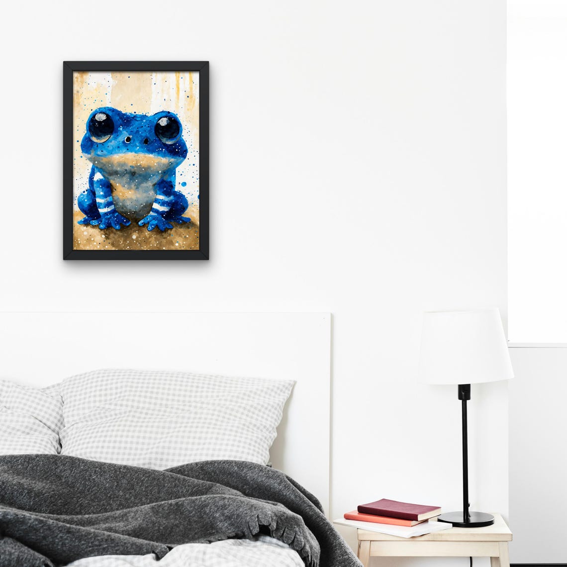 Cute Blue Frog Big Eyes Watercolor Portrait Splash Background Poster - Image 2