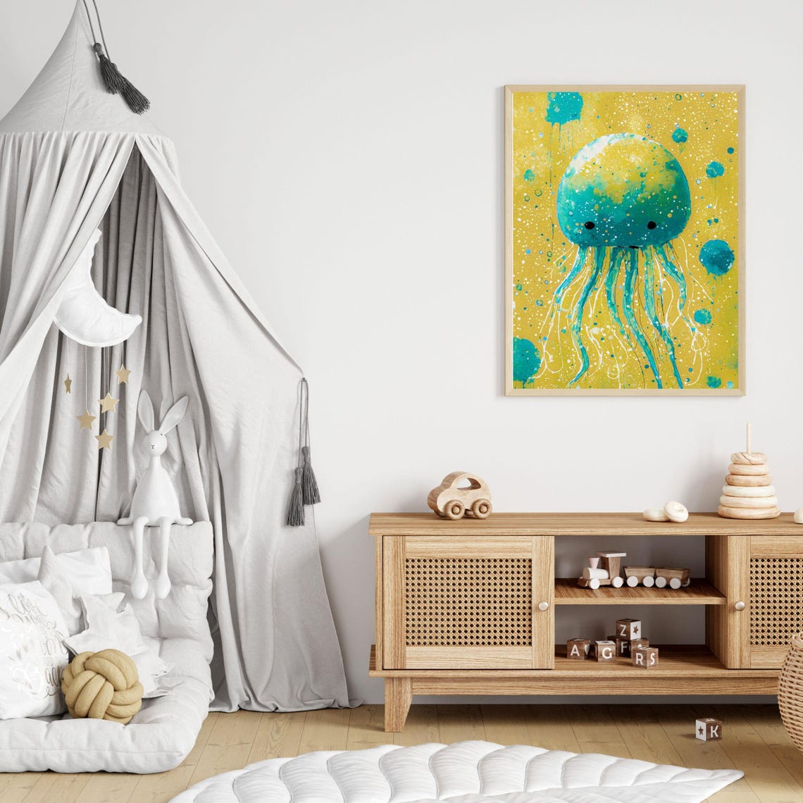 Teal Jellyfish Yellow Splatter Ocean Nursery Kids Room Wall Art - Image 8