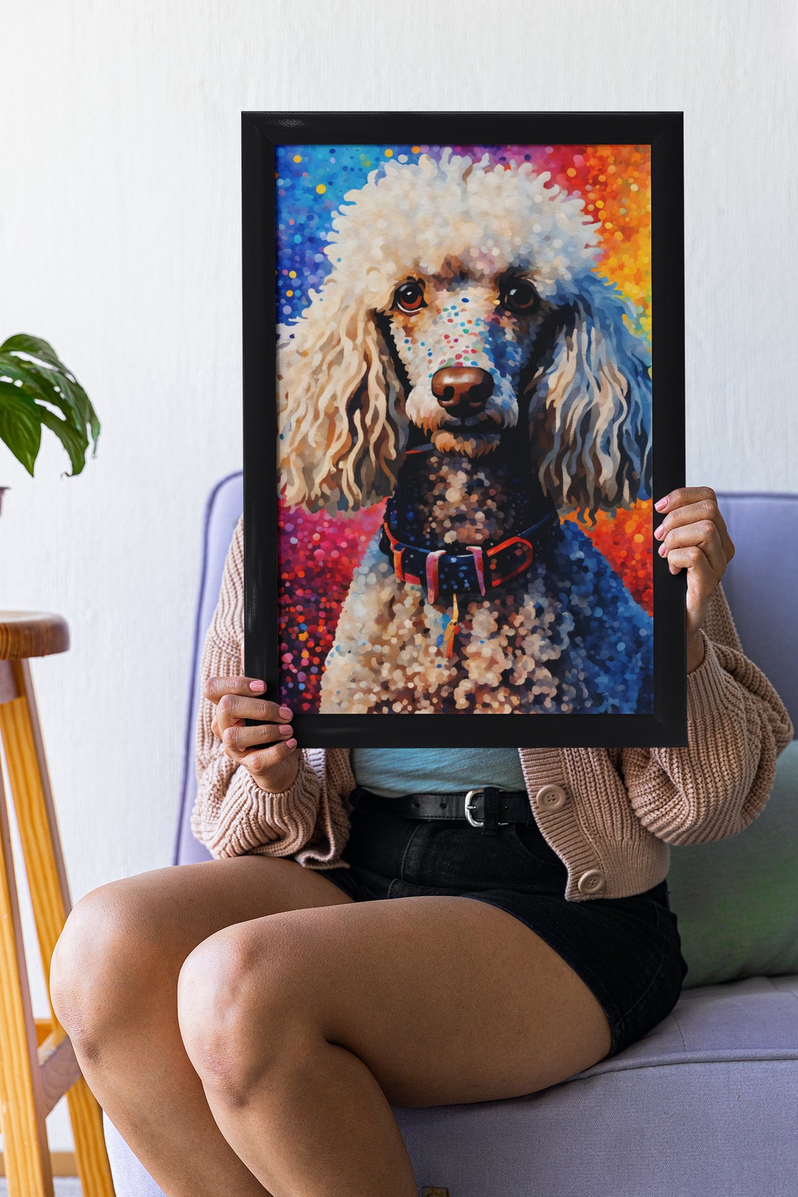 White Poodle Front Portrait Rainbow Speckle Dots Glamorous Wall Print - Image 4