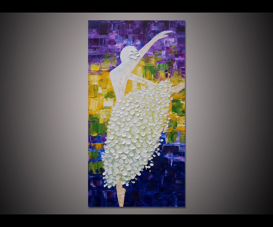 Hand Painted Original Ballerina Painting Abstract White Yellow Purple Flower Painting Living Room Decor Wall Art Palette Knife Art Painting