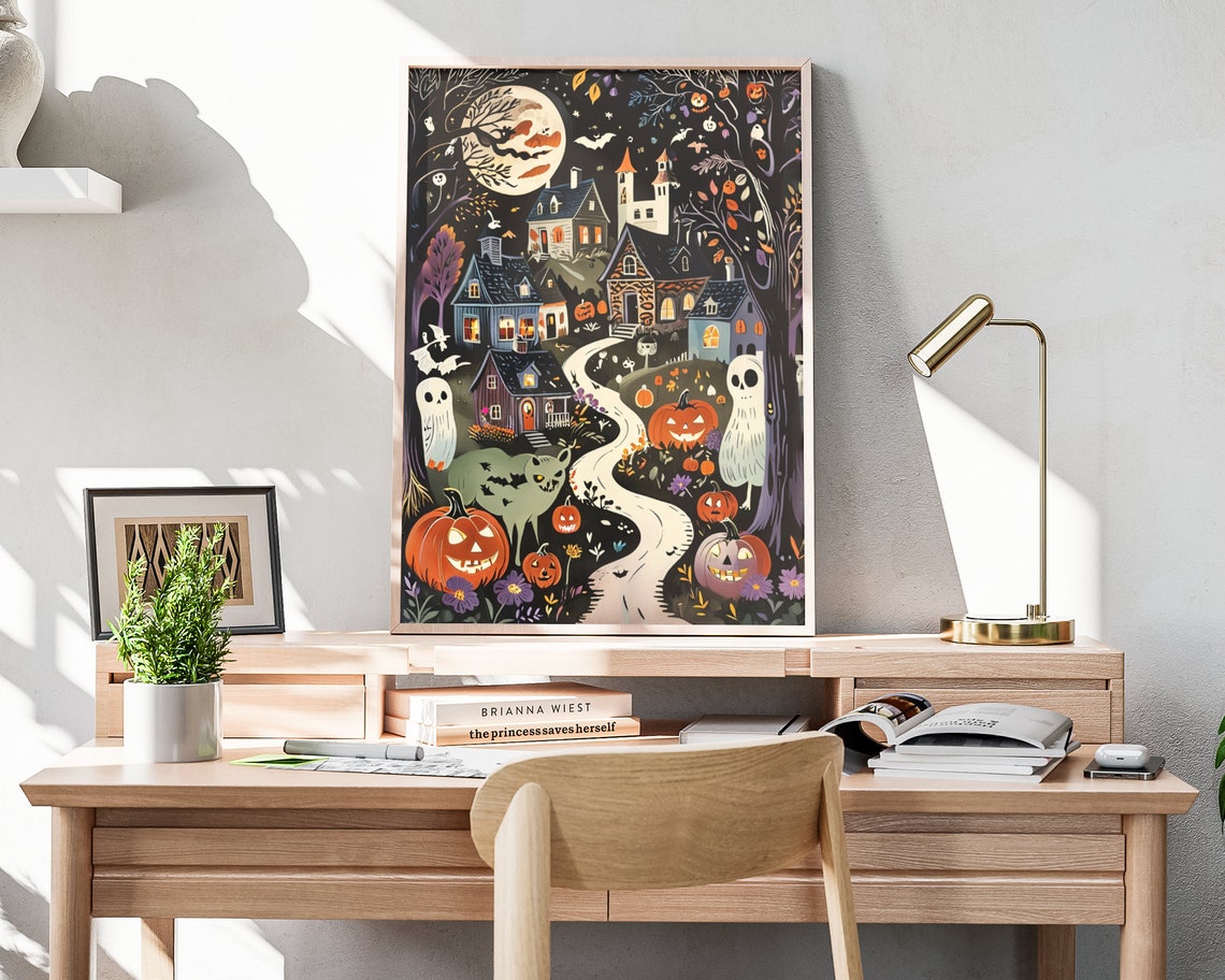 Vintage Halloween Town Ghosts Jack O Lanterns Spooky Night Poster - Image 4