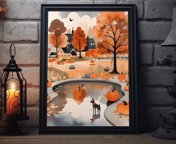 Small Black Dog At Pond Edge Reflection Pumpkins Autumn Village Art Poster