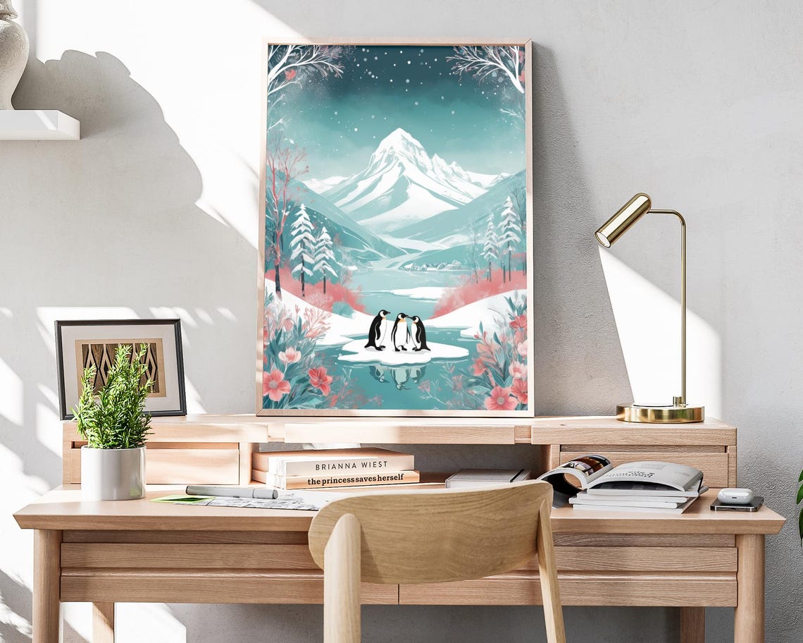 Penguins On Ice Floe In Pastel Winter Mountain Lake Art Poster - Image 4