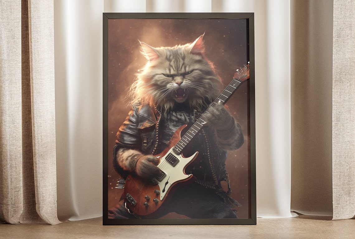 Rock Star Cat Leather Jacket Electric Guitar Portrait Poster