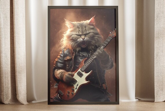 Rock Star Cat Leather Jacket Electric Guitar Portrait Poster