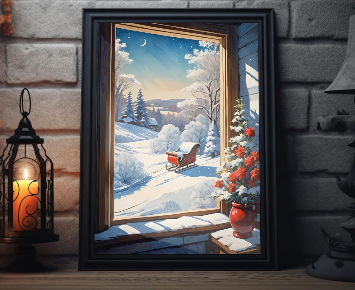Red Sleigh In Snow Seen Through Rustic Window Winter Art Poster