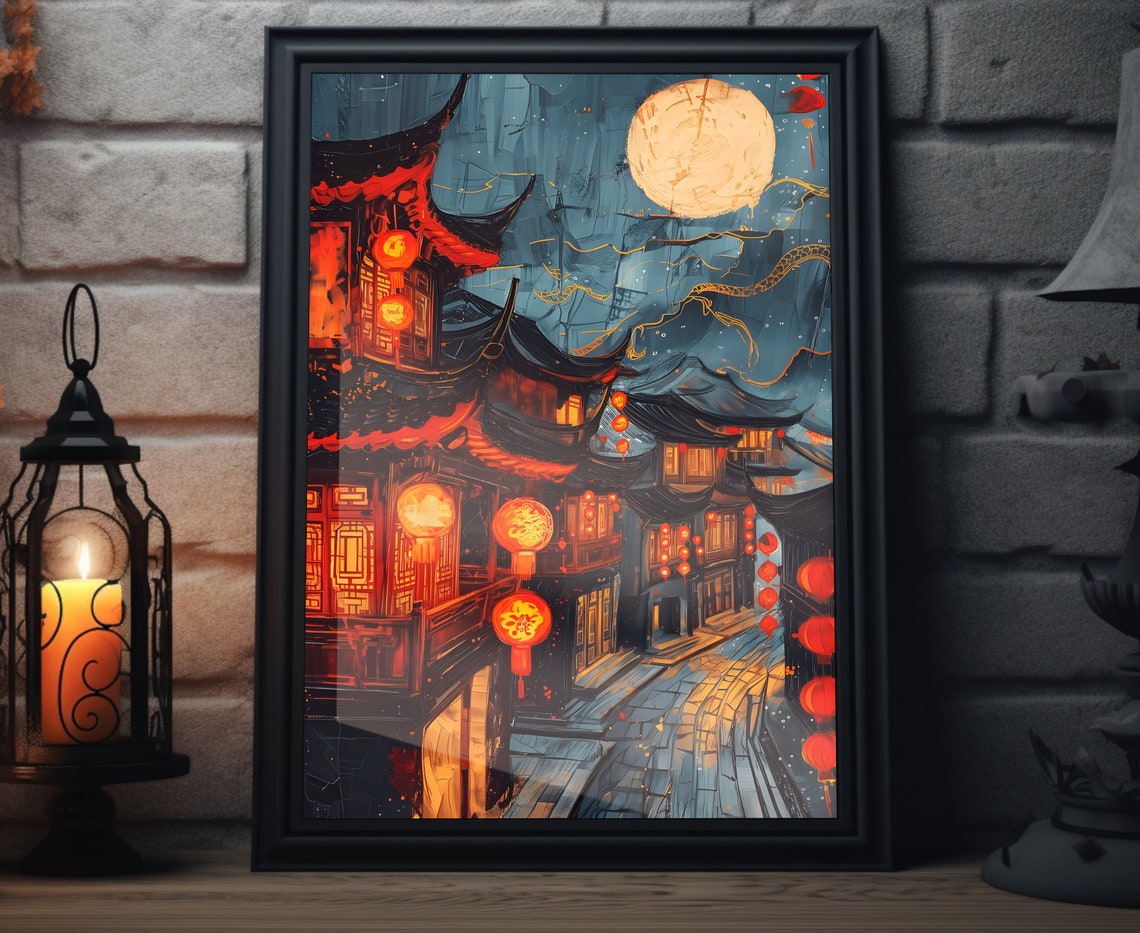 Chinese New Year Old Town Night Lanterns Moon Pagoda Lunar Art Poster