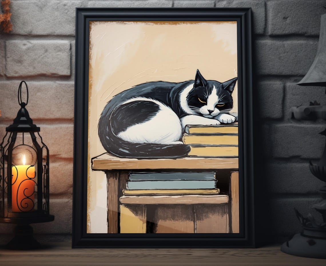 Black And White Cat Sleeping On Stack Of Books Cozy Wall Art Poster