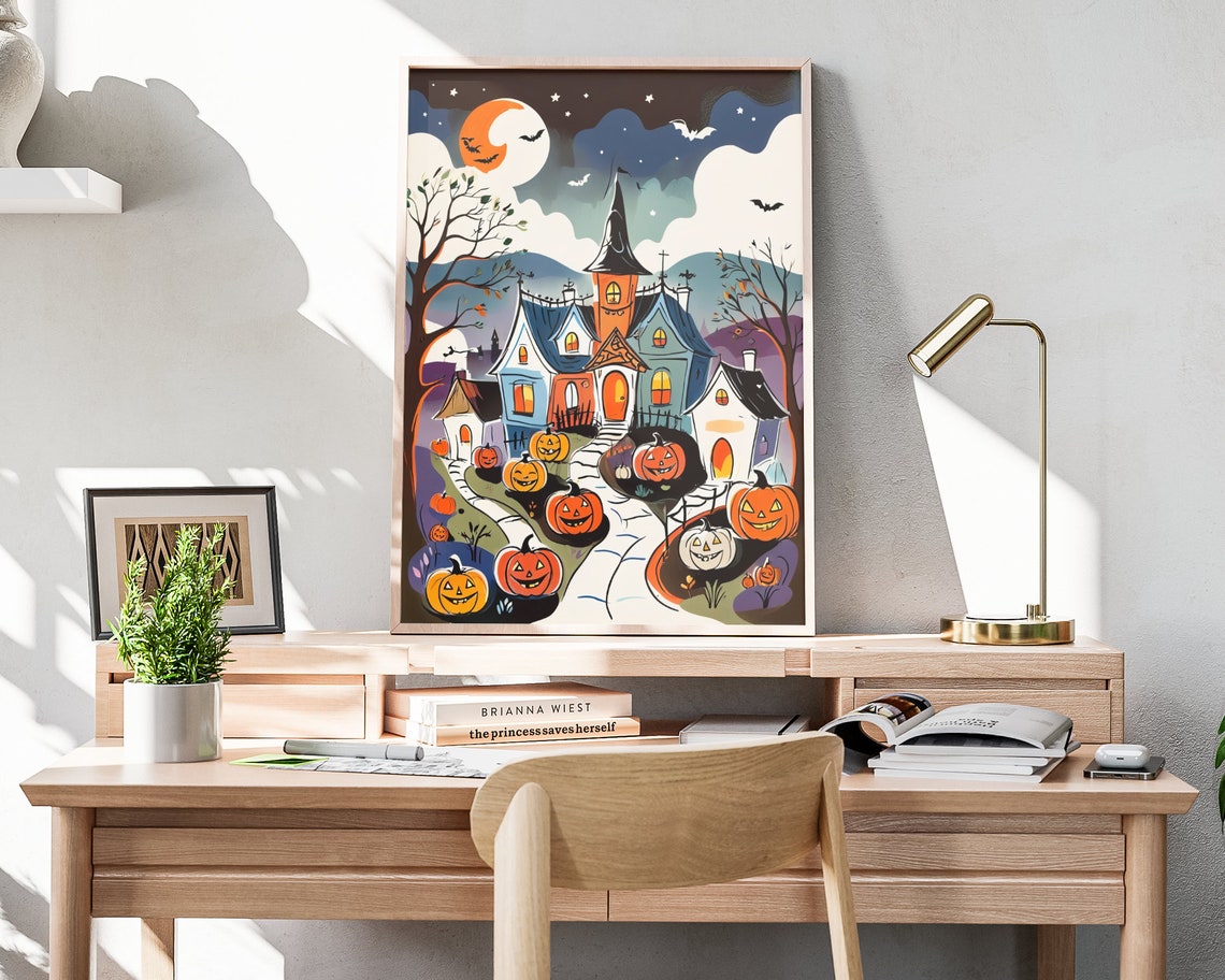 Halloween Pumpkin Village Haunted House Moon Bats Art Poster - Image 4