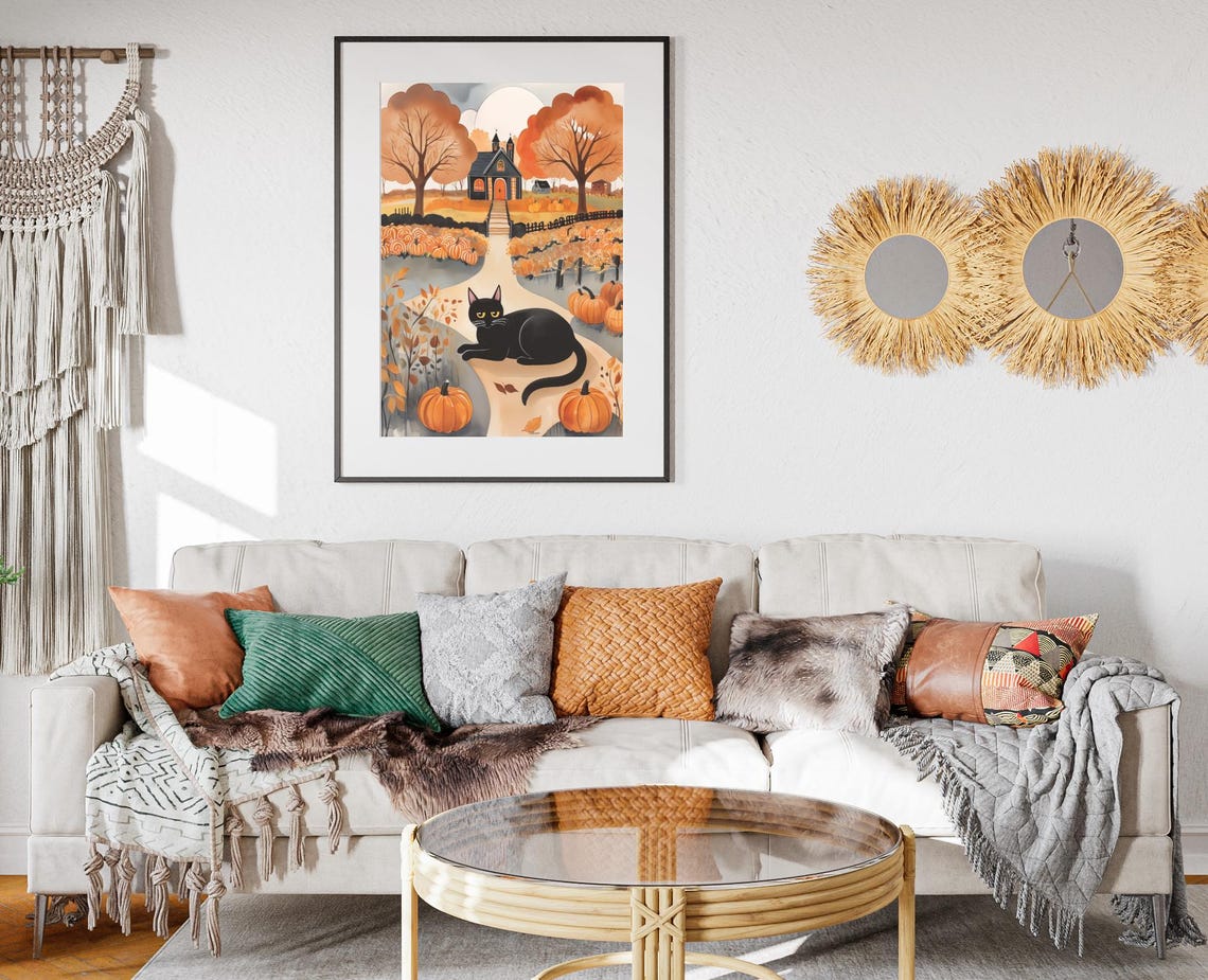 Black Cat Pumpkin Path Autumn Chapel Night Fall Folk Art Poster - Image 2