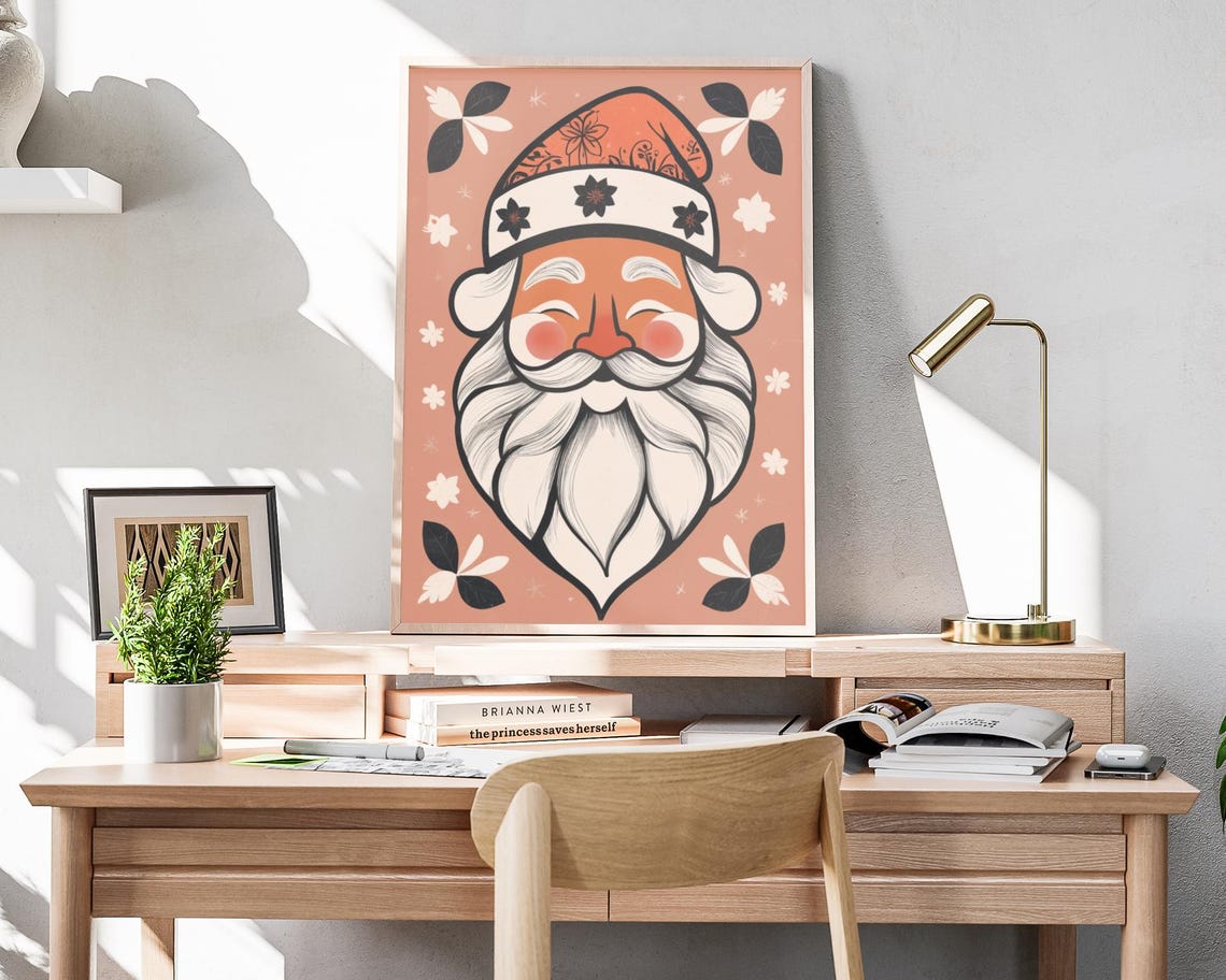 Boho Santa Face Portrait Floral Hat Christmas Holiday Art Poster - Image 4