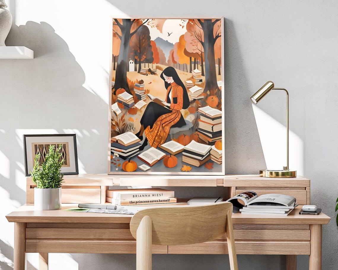 Woman Reading In Autumn Woods Surrounded By Books Pumpkins Fall Art Poster - Image 4