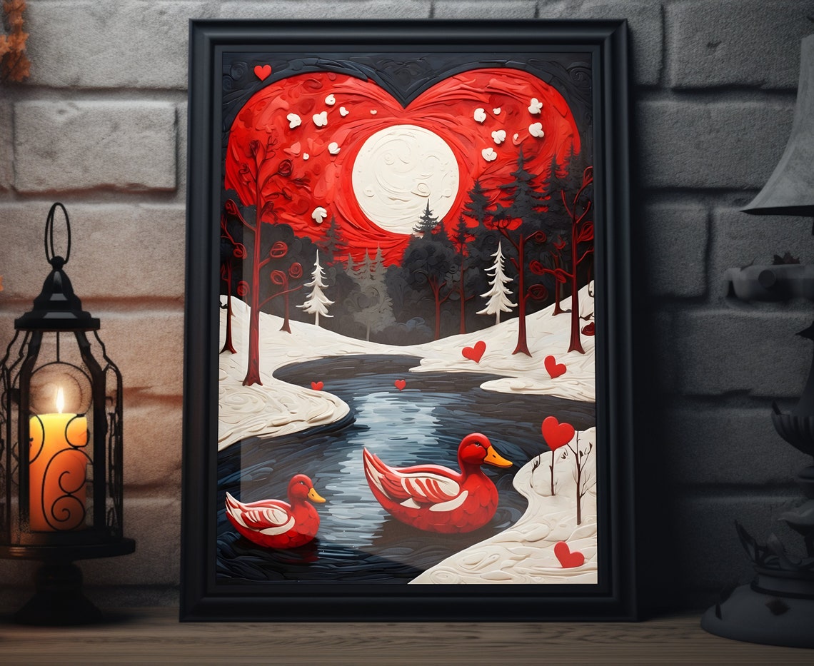 Valentines Red Ducks Lake Giant Heart Sky Moonlight Folk Art Poster