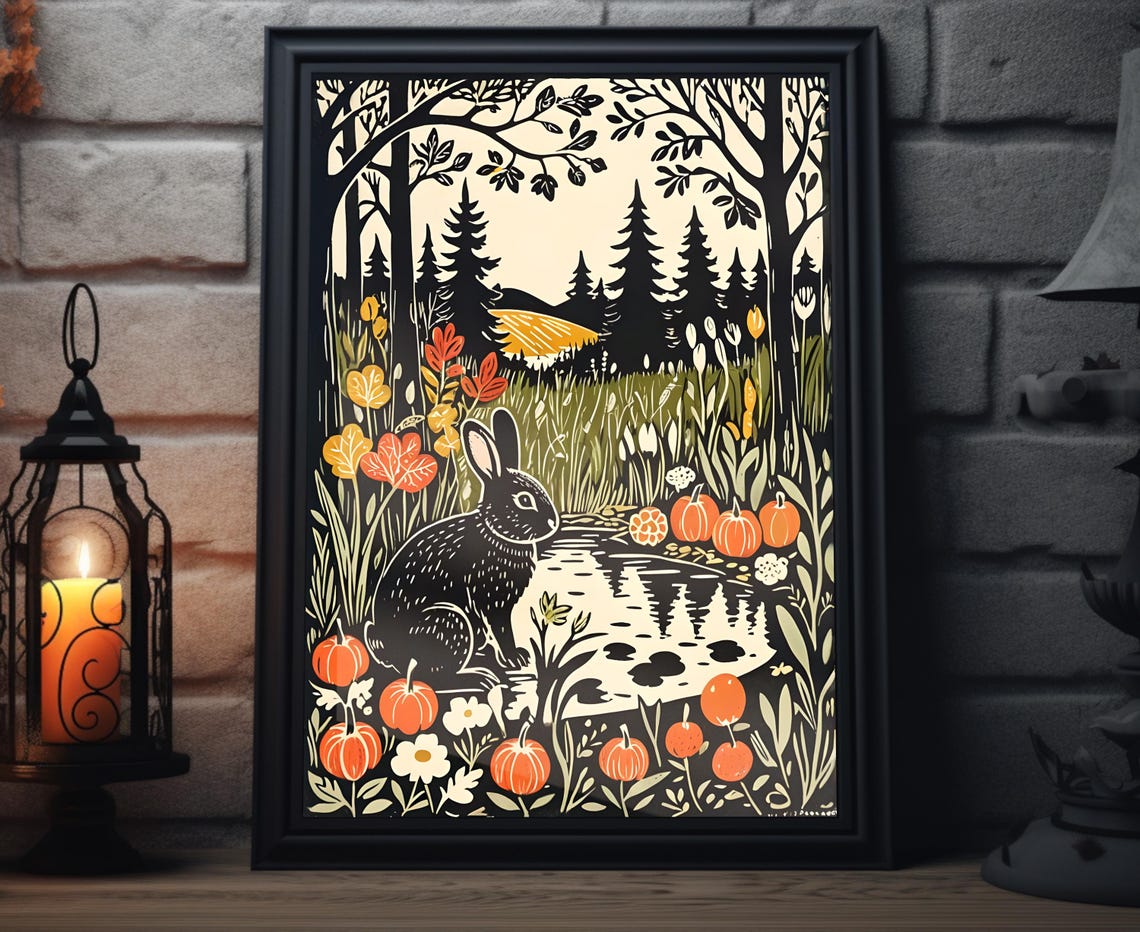 Black Rabbit By Autumn Pond Meadow Pumpkins Woodcut Style Art Poster