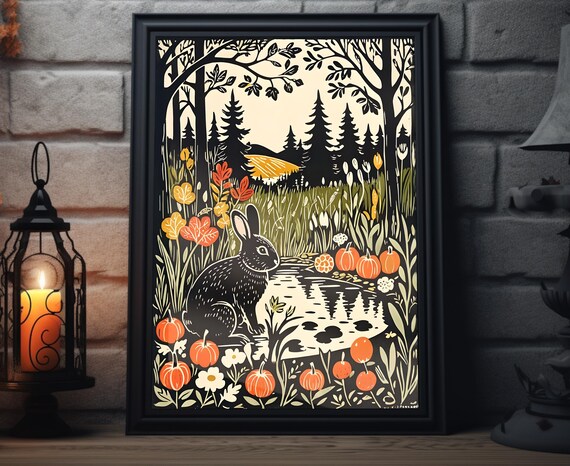 Black Rabbit By Autumn Pond Meadow Pumpkins Woodcut Style Art Poster
