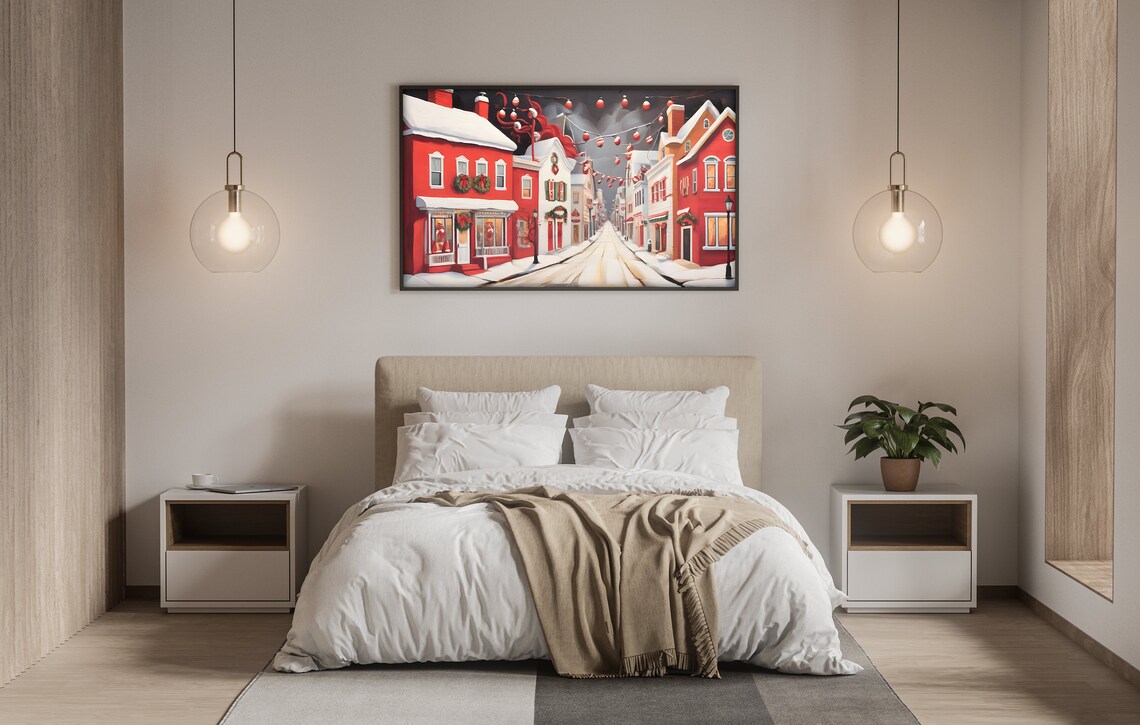 Folk Art Red Christmas Town Street Snowy Lights Holiday Wall Art - Image 4