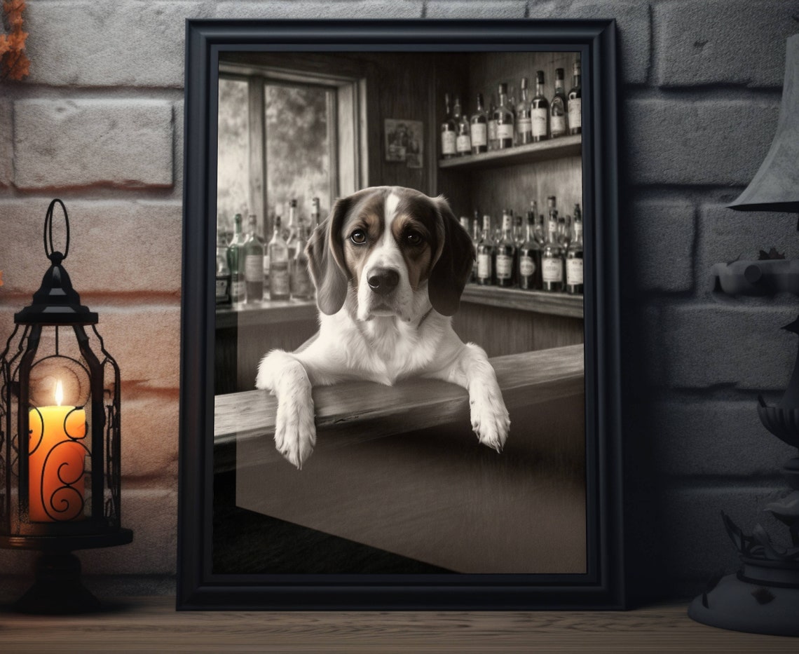 Beagle Leaning Paws Over Bar Counter Bottles Black White Poster
