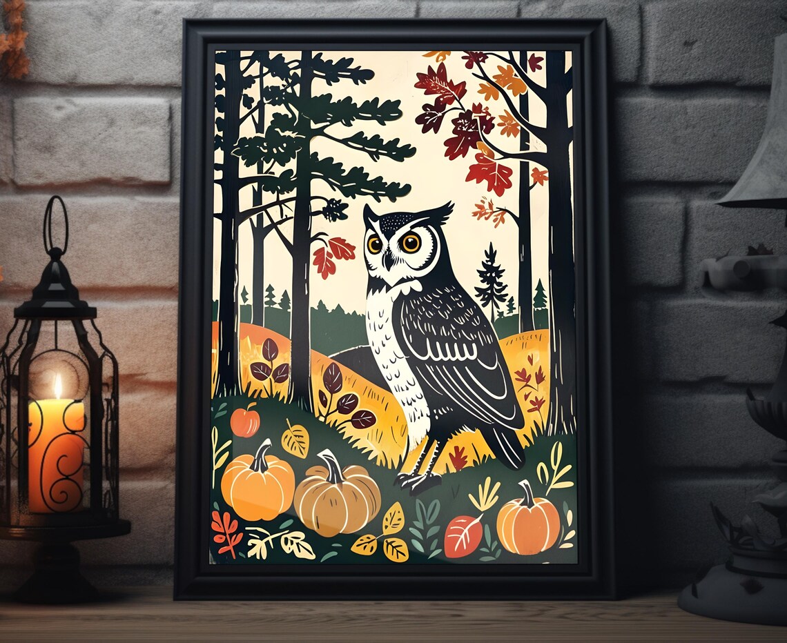 Great Horned Owl In Autumn Forest With Pumpkins Woodcut Style Art Poster