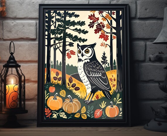 Great Horned Owl In Autumn Forest With Pumpkins Woodcut Style Art Poster
