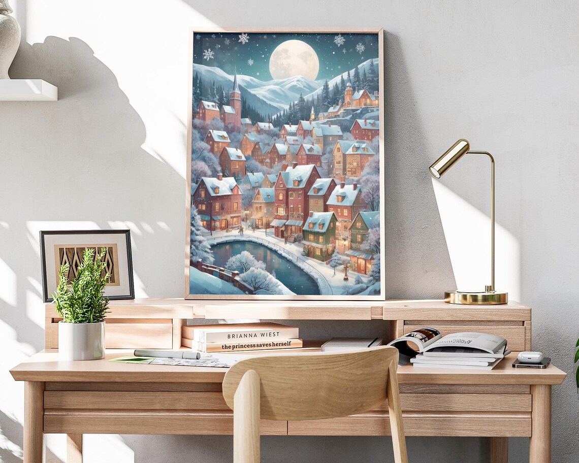 Snowy Christmas Village Scene Art Print Winter Night Painting Artwork Holiday Wall Decor Poster Moonlit Town Christmas Seasonal Poster - Image 4
