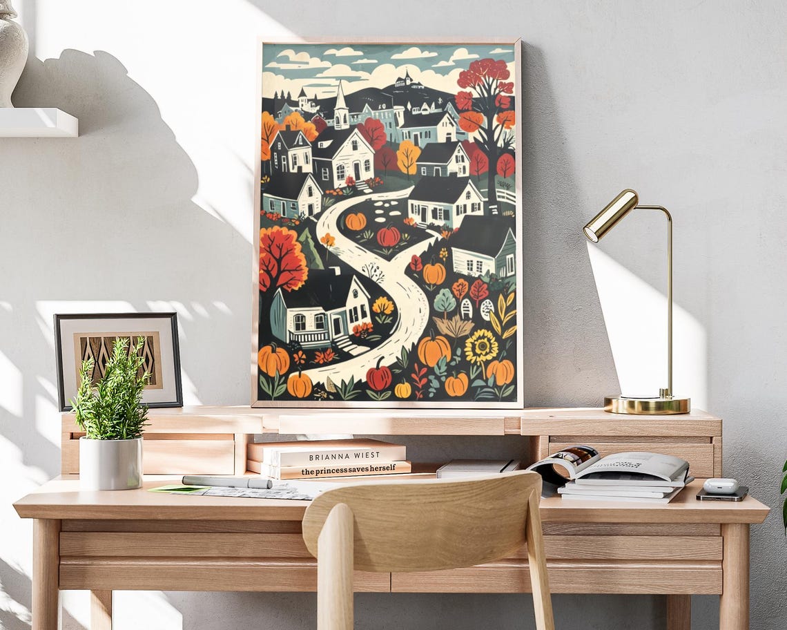 Charming Fall Town Winding Road Pumpkins Harvest Woodcut Poster - Image 4