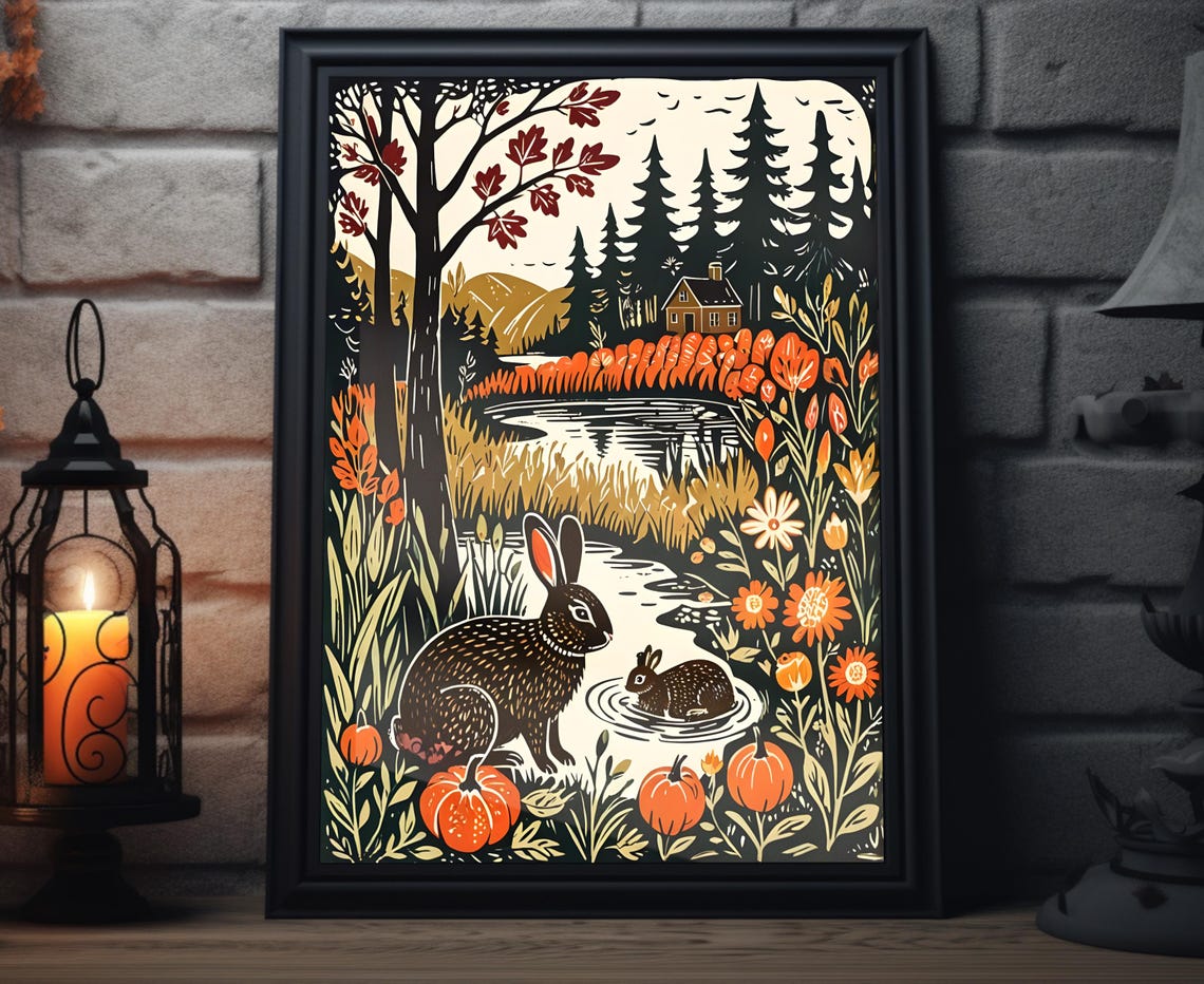 Two Rabbits By Forest Stream Among Pumpkins Woodland Autumn Art Poster