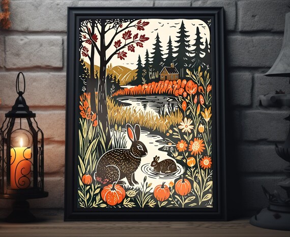 Two Rabbits By Forest Stream Among Pumpkins Woodland Autumn Art Poster