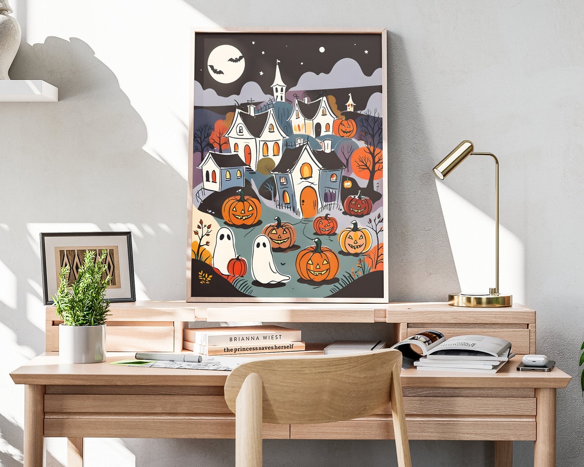 Spooky Halloween Town Ghosts Pumpkins Moonlit Night Folk Art Poster - Image 4