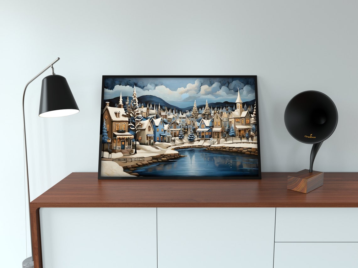 Snowy Winter Town By Frozen River Blue Dusk Town Panorama Poster - Image 4