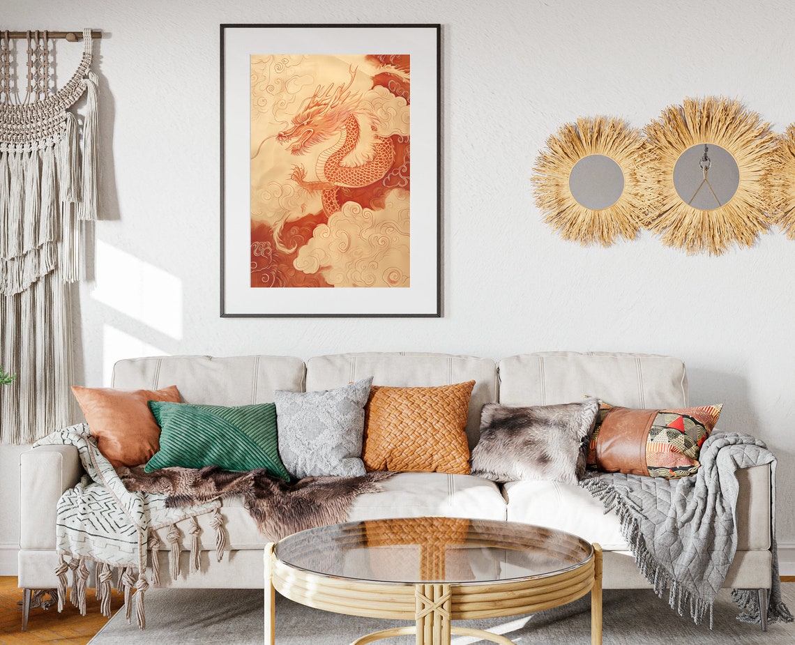 Chinese Red Dragon Clouds Papercut Lunar New Year Art Poster - Image 2